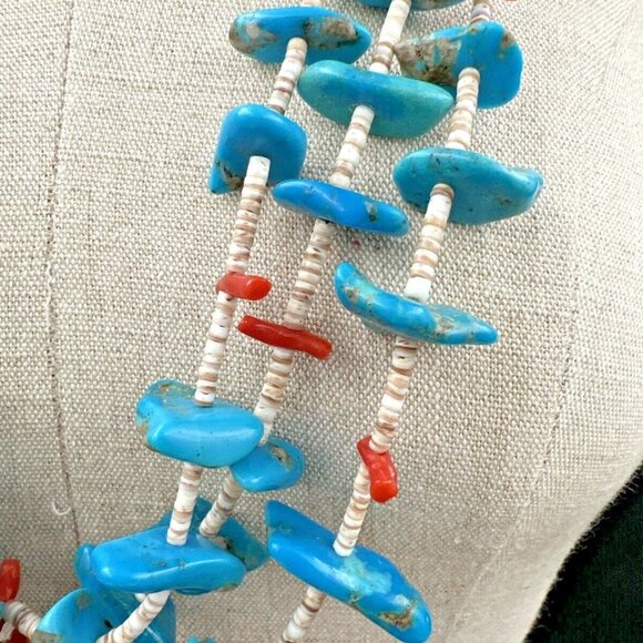 Vintage Navajo Necklace Earrings SET Turquoise Coral Nuggets & Shells 3 Strands - Picture 2 of 11
